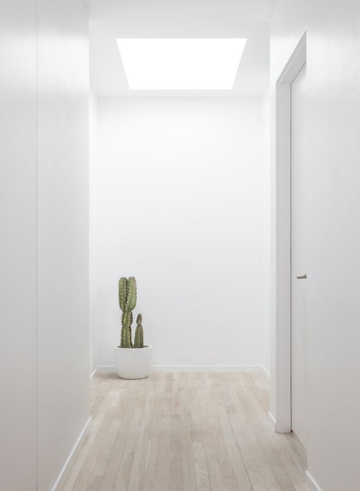 Thiết kế hành lang với màu trắng và vân gỗ