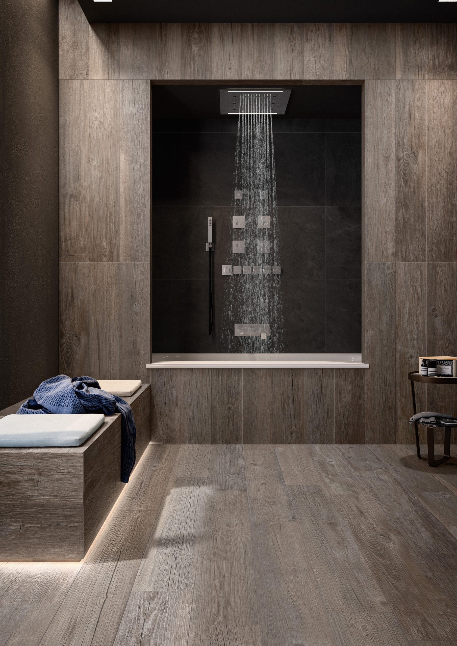 Phòng tắm sử dụng gạch vân gỗ để lát sàn và ốp tường